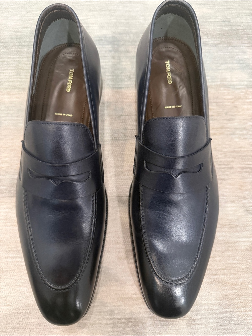 Tom Ford Navy Black Leather Penny Loafers